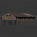 Architectural Building Model With Sloped Brown Tile Roof And Supporting Poles
