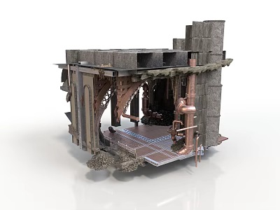 Fantasy Scene Structure With Stone Walls Metal Pipes And Arched Platform 3d model