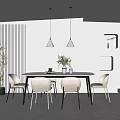 Modern Restaurant Interior With White Dining Table Chairs Pendant Lights Striped Wall And Green Plant