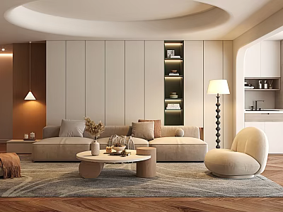 Modern Living Room With Beige Sofa Round Coffee Table Floor Lamp Wooden Floor And Rug 3d model