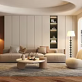 Modern Living Room With Beige Sofa Round Coffee Table Floor Lamp Wooden Floor And Rug