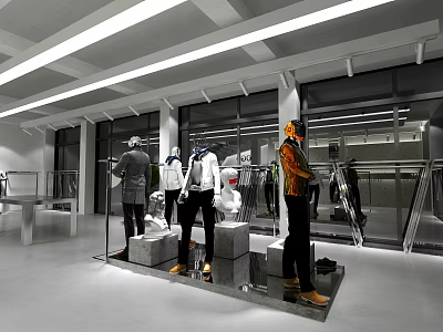 Modern Clothing Store Interior With Mannequins Displaying Stylish Outfits On Concrete Platforms And Bright Lighting 3d model