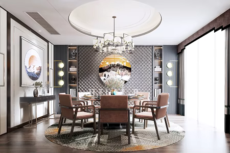 New Chinese Restaurant Garden Dining Table Dining Chair Tableware Cabinet Pendant Chandelier 3d model