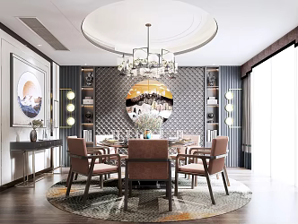 New Chinese Restaurant Garden Dining Table Dining Chair Tableware Cabinet Pendant Chandelier 3d model