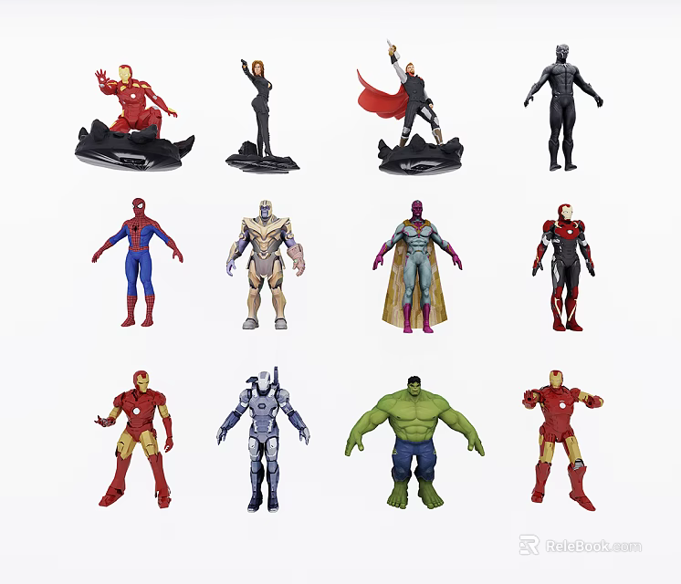 Assorted Superhero Action Figures Featuring Iron Man Spider Man Thor and Hulk 3d model