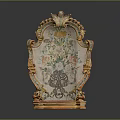 Ornate Decorative Screen With Golden Carved Frame And Floral Painted Glass Panel