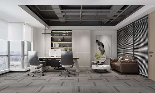 Modern Manager Room Bookcase Desk Sofa Coffee Table Combination Hanging Picture 3d model