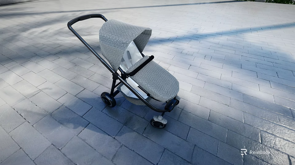 Modern Gray Patterned Stroller With Black Frame On Outdoor Paved Ground 3d model 