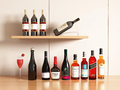 Different Wine Bottles Arranged on Shelves with Red Drink Wine Glass and Strawberry Garnish 3d model
