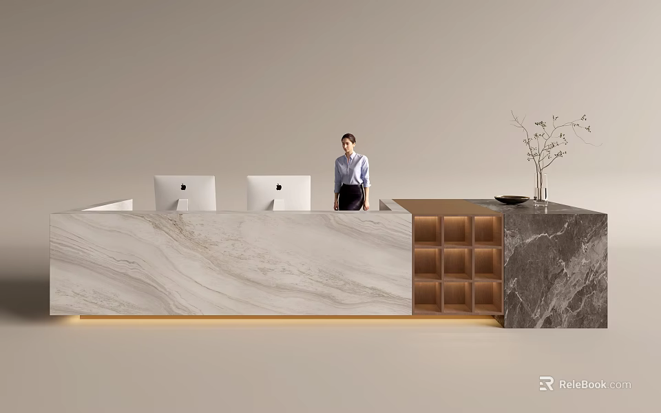 Modern Front Desk Reception with Marble Counter Computers Standing Receptionist Wooden Cabinet and Vase Plant 3d model 