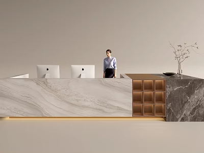 Modern Front Desk Reception with Marble Counter Computers Standing Receptionist Wooden Cabinet and Vase Plant 3d model
