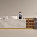 Modern Front Desk Reception with Marble Counter Computers Standing Receptionist Wooden Cabinet and Vase Plant