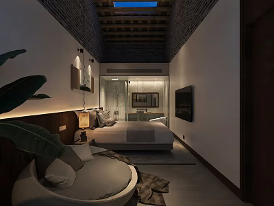 Elegant Modern Hotel Guest Room With Wooden Ceiling Skylight Green Plant And Warm Lighting 3d model