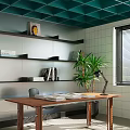 Modern Office Interior Design With Teal Ceiling White Walls Shelves Wooden Desk And Potted Plant