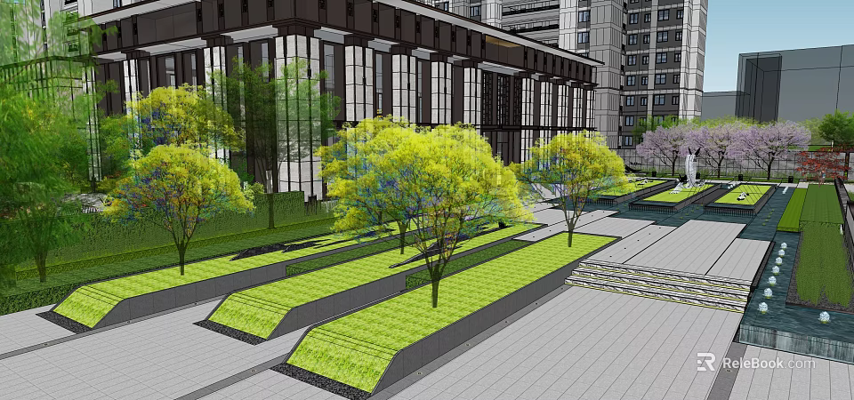 Modern Garden Landscape With Neat Lawns Colorful Trees And Urban Walkways 3d model 