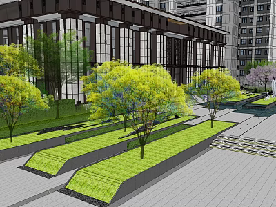 Modern Garden Landscape With Neat Lawns Colorful Trees And Urban Walkways 3d model