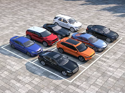 Multiple Different Colored Cars Neatly Parked in Paved Parking Lot Area 3d model