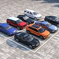 Multiple Different Colored Cars Neatly Parked in Paved Parking Lot Area