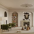 Elegant Living Room Interior With Green Armchairs Bookshelves Fireplace Chandelier And Beige Sofa