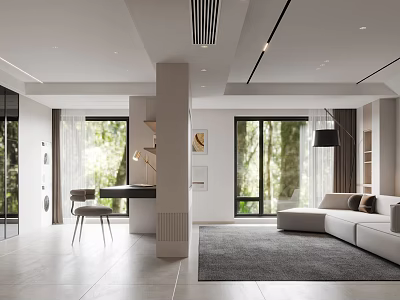 Modern Living and Dining Room with Open Concept Large Windows Sofa and Gray Rug 3d model