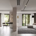 Modern Living and Dining Room with Open Concept Large Windows Sofa and Gray Rug