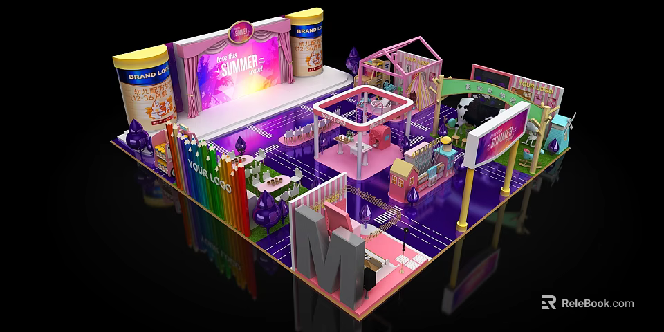 Colorful Summer Themed Exhibition Booth Design With Pink Purple Decor And Rainbow Elements 3d model 