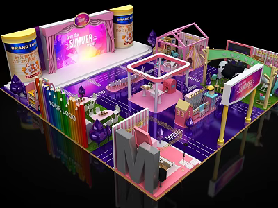 Colorful Summer Themed Exhibition Booth Design With Pink Purple Decor And Rainbow Elements 3d model