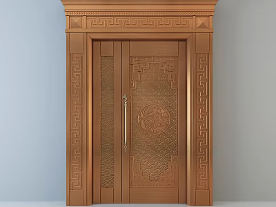 Intricately Carved Copper Double Door With Ornate Frame And Traditional Design 3d model