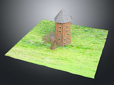 Traditional Red Brick Tower Structure With Pointed Gray Roof And Green Grassy Surroundings 3d model
