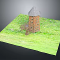 Traditional Red Brick Tower Structure With Pointed Gray Roof And Green Grassy Surroundings