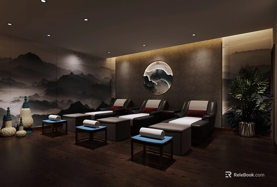 Traditional SPA Sauna Interior With Mountain Mural Massage Beds And Wooden Floor 3d model 
