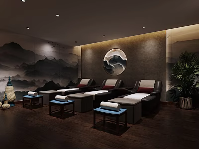 Traditional SPA Sauna Interior With Mountain Mural Massage Beds And Wooden Floor 3d model