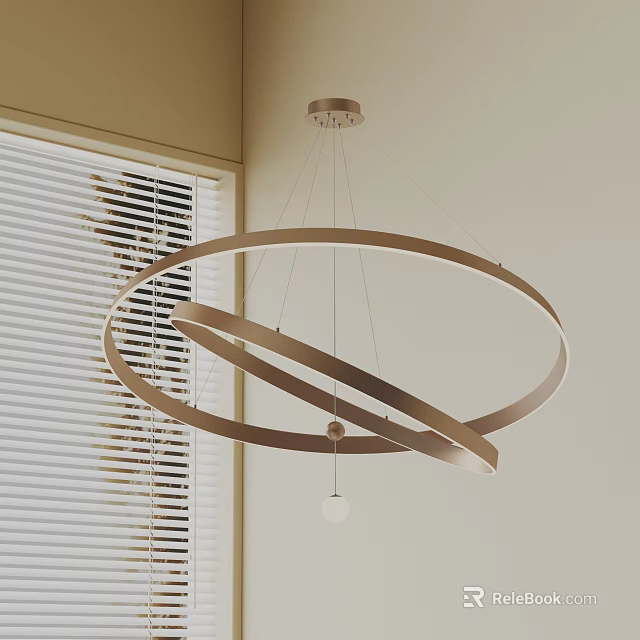 Modern Interior Design Featuring Intertwined Circular Metallic Chandelier And Window Blinds 3d model
