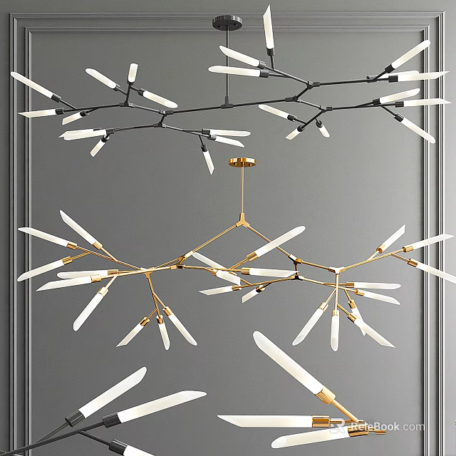 Modern Branch Like Chandelier With Gold Black Metal Frame And White Tube Lights 3d model 