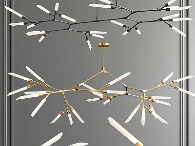 Modern Branch Like Chandelier With Gold Black Metal Frame And White Tube Lights 3d model
