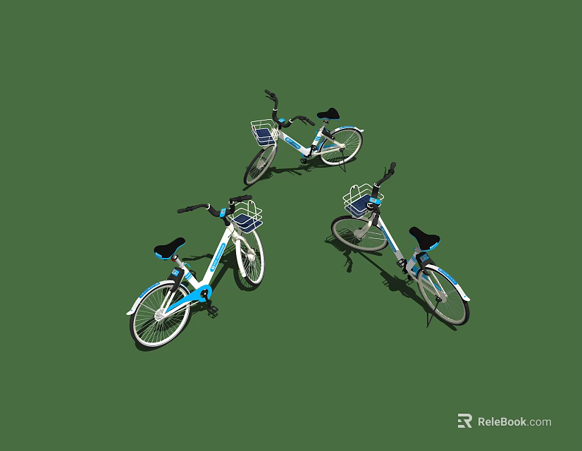 Three Blue And White Bicycles With Front Baskets On Green Background 3d model 