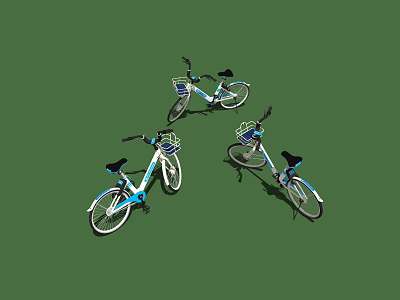 Three Blue And White Bicycles With Front Baskets On Green Background 3d model