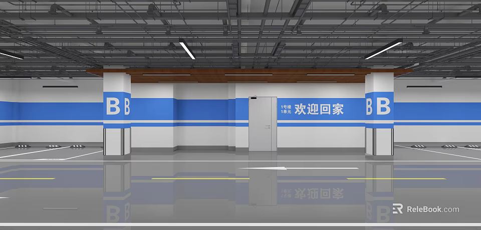 Modern Parking Garage With Blue White Columns B Floor Signs And Welcome Home Message 3d model 