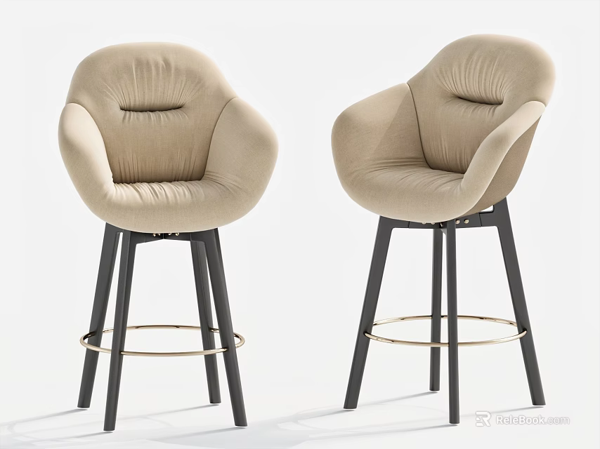 Beige Upholstered Bar Stools With Armrests Black Legs And Golden Rings 3d model 
