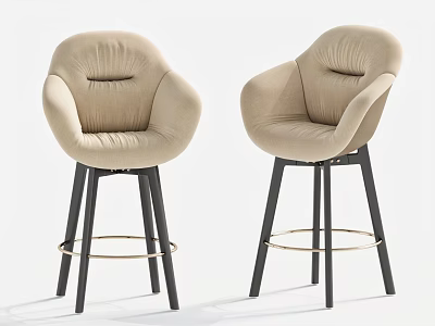 Beige Upholstered Bar Stools With Armrests Black Legs And Golden Rings 3d model