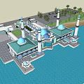 Scenic Mosque Architecture On Water With Blue Domes And White Minarets