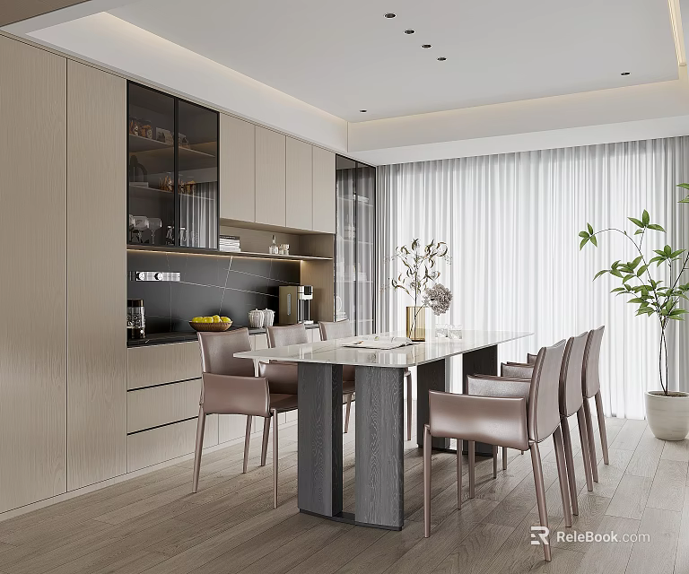 Elegant Modern Restaurant Interior With Marble Dining Table And Upholstered Chairs 3d model