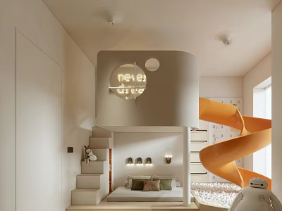 Modern Kids Room Interior With Orange Spiral Slide Loft Bed And Alphabet Decor 3d model