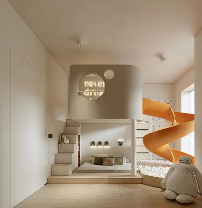 Modern Kids Room Interior With Orange Spiral Slide Loft Bed And Alphabet Decor 3d model