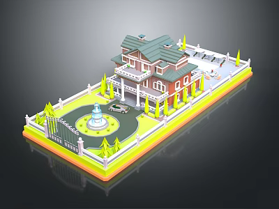 Two Story Red Brick House With Green Roof White Balcony Circular Fountain And Yellow Trees 3d model