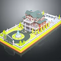 Two Story Red Brick House With Green Roof White Balcony Circular Fountain And Yellow Trees