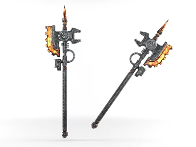 Flaming Battle Axe Weapon With Metal Shaft And Mechanical Gear Design 3d model Flaming Battle Axe Weapon With Metal Shaft And Mechanical Gear Design 3d model