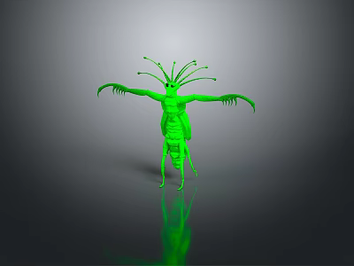 Green Alien Creature 3D Model with Multiple Antennas and Extended Limbs on Dark Background Reflection 3d model