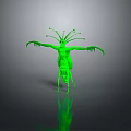 Green Alien Creature 3D Model with Multiple Antennas and Extended Limbs on Dark Background Reflection