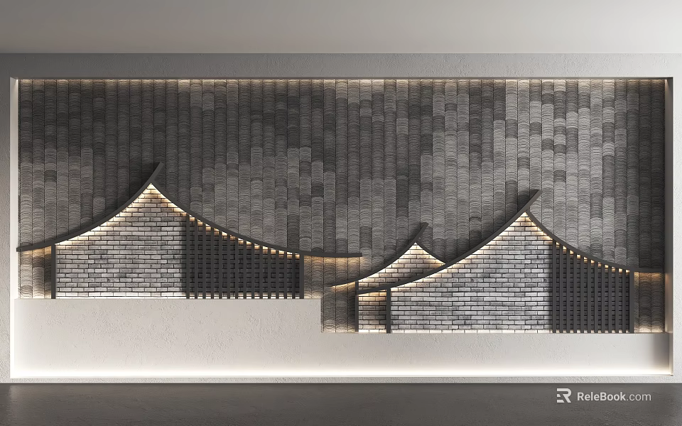 Modern Textured Background Wall With Gray Brick Pattern And Arched Lighting Design Elements 3d model 